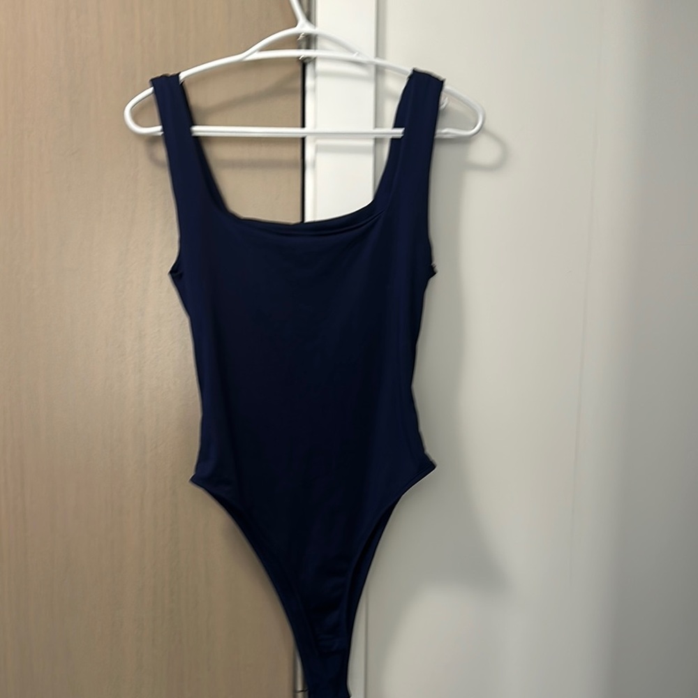 Blue Ribbed Bodysuit One Piece with Scoop Neckline